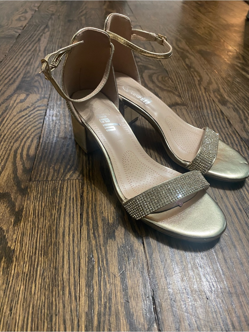SHEIN Gold Crystal Ankle-Strap Block Heels